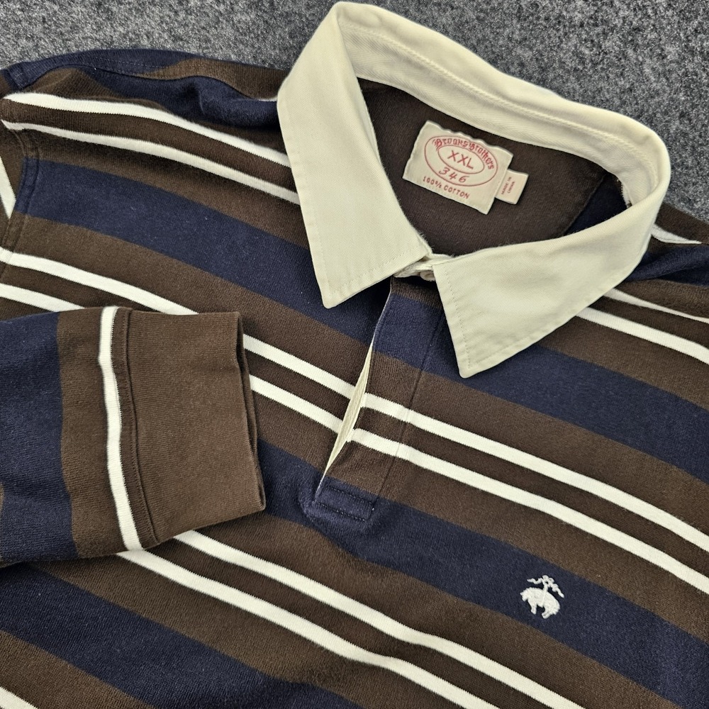 Brooks Brothers 346 Rugby Shirt Mens XXL Brown Navy Stripe Long Sleeve Cotton